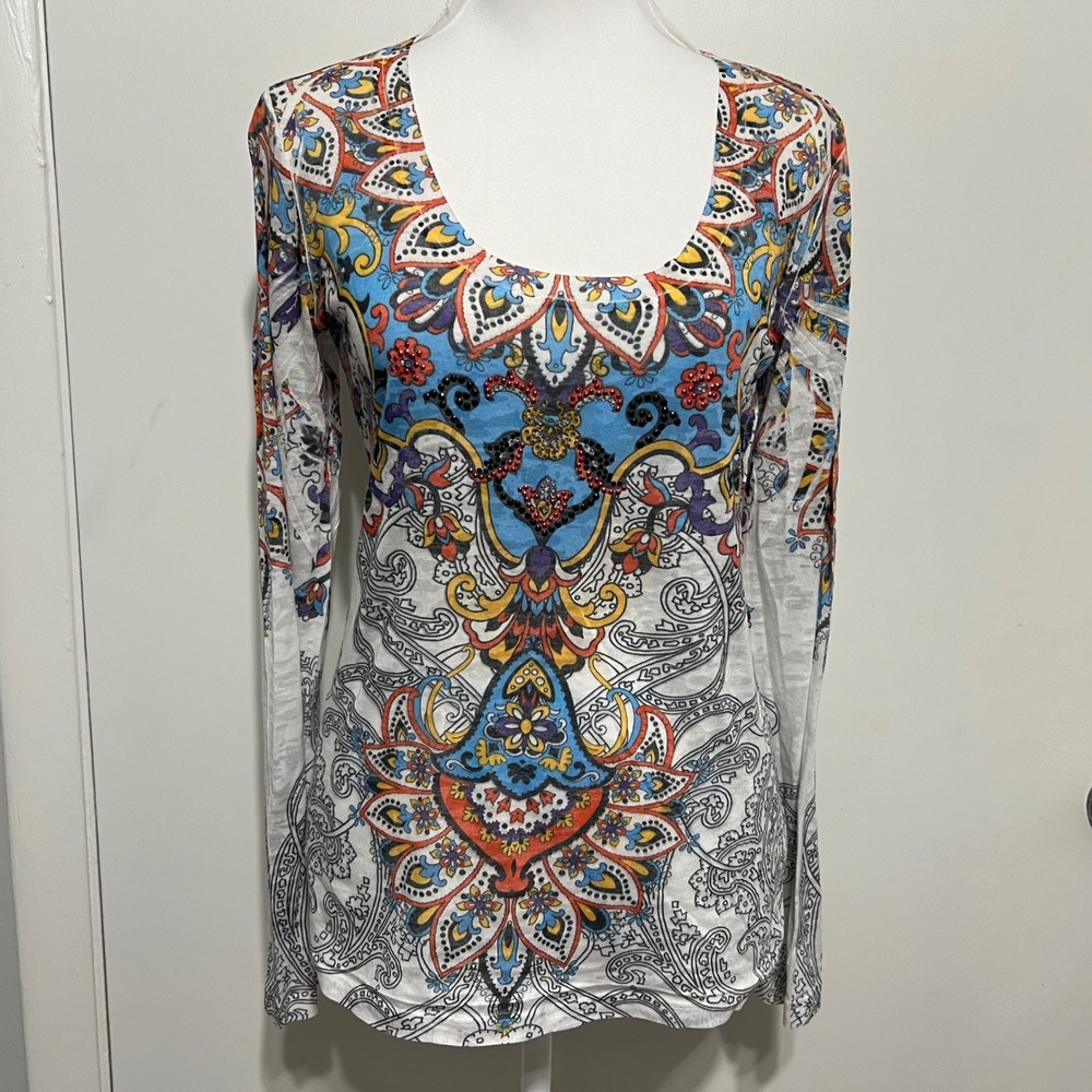 Wrangler Womens White Paisley Rhinestone Top Size M Long Sleeve Western Festival
